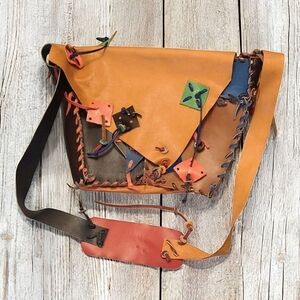 Gretzinger Handmade Leather Messenger Bag Patchwork Color Block Shapes Vintage